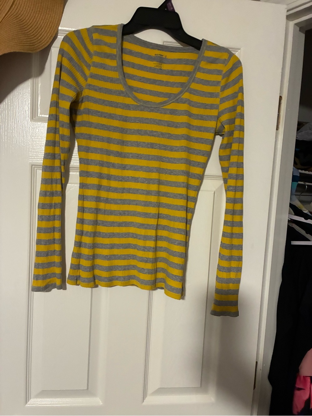 Old Navy Yellow and Gray Striped Scoop Neck Long Sleeve Top